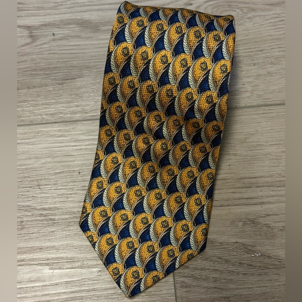 Dior Gold and Navy Geometric Silk Tie - Picture 2 of 6